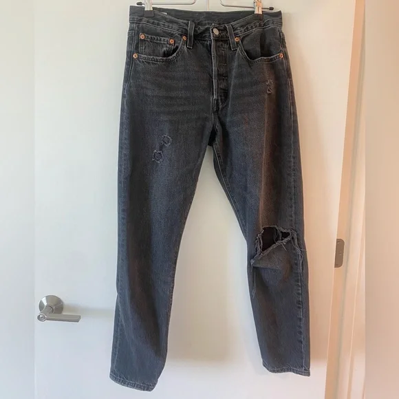 Levis 501 S High-Rise Grunge Button Fly Distressed Black Jeans W27 L28 - Picture 3 of 11